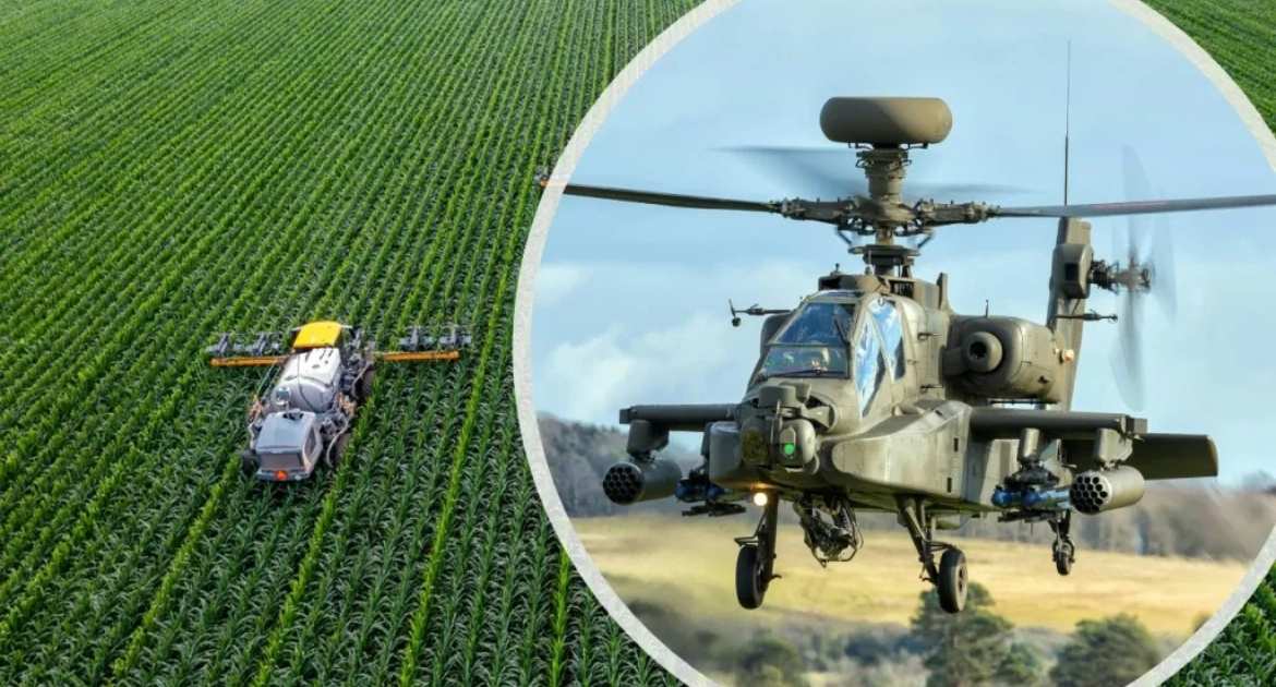 An agricultural field with farming machinery operating, and a helicopter overlayed.